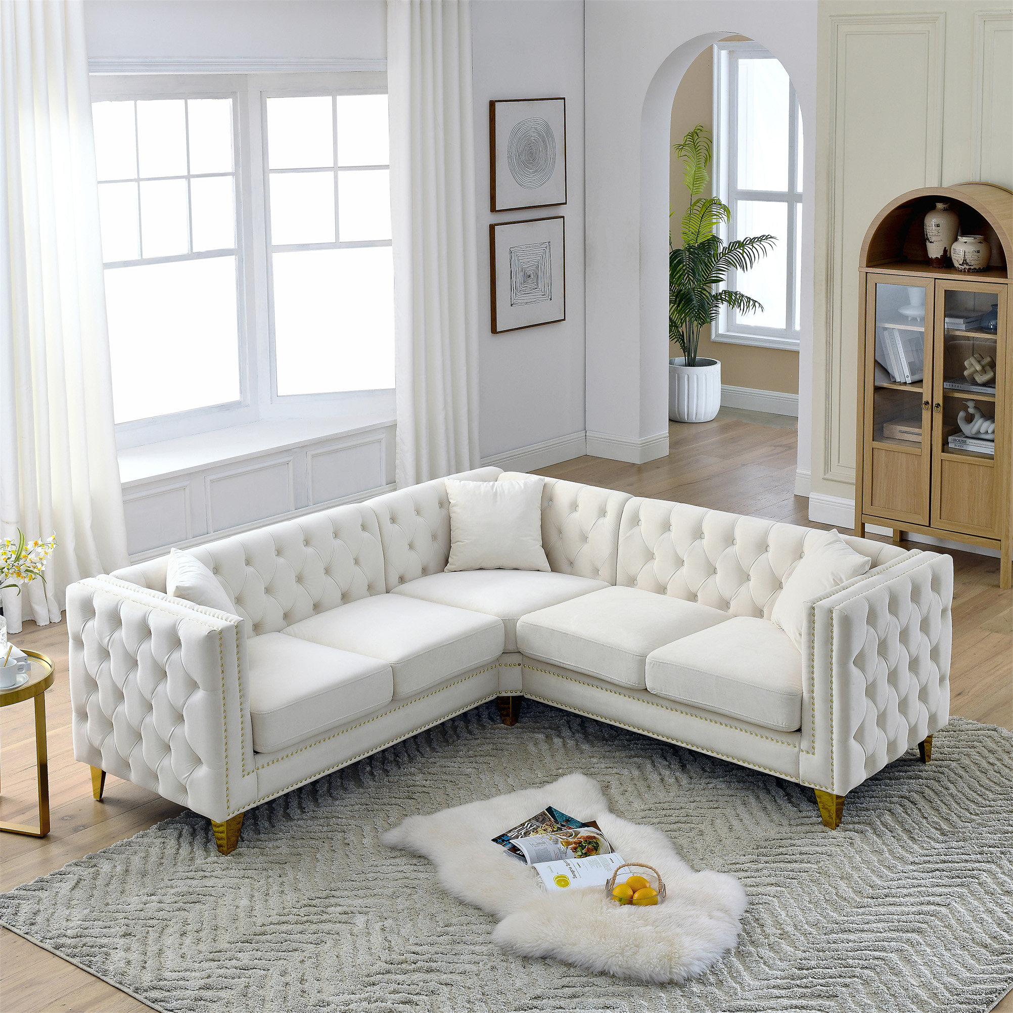 82.2 Inch Velvet Corner Sofa L Shaped Sectional Couch 5 Seater Corner Sofas House of Hampton Body Fabric Beige Velvet